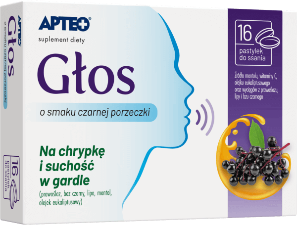 Głos APTEO pastylki ze składnikami na chrypkę i suchość w gardle o smaku czarnej porzeczki, 16 szt.