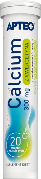 Calcium 300 mg z kwercetyną APTEO, tabletki musujące o smaku pomarańczowym z wapniem, 20 szt.