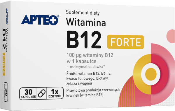 Witamina B12 Forte APTEO, kapsułki ze składnikami wspierającymi prawidłową produkcję czerwonych krwinek, 30 szt.