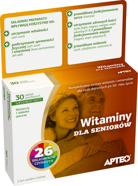 Witaminy dla seniorów APTEO, tabletki ze składnikami uzupełniającymi dietę w niezbędne mikroelementy, 30 szt.