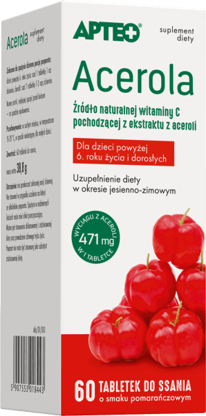 Acerola APTEO, tabletki z witaminą C o smaku pomarańczowym, 60 szt.