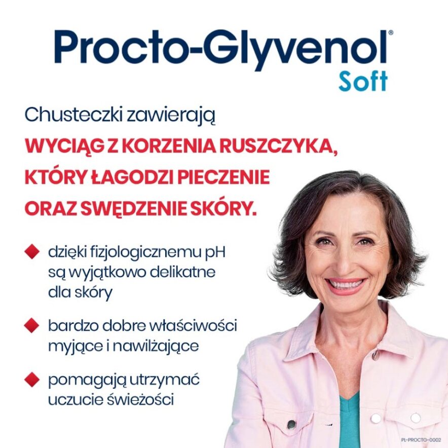 Chusteczki nawilżające Procto-Glyvenol Soft , z ruszczykiem dla osób z hemoroidami, 30 szt.