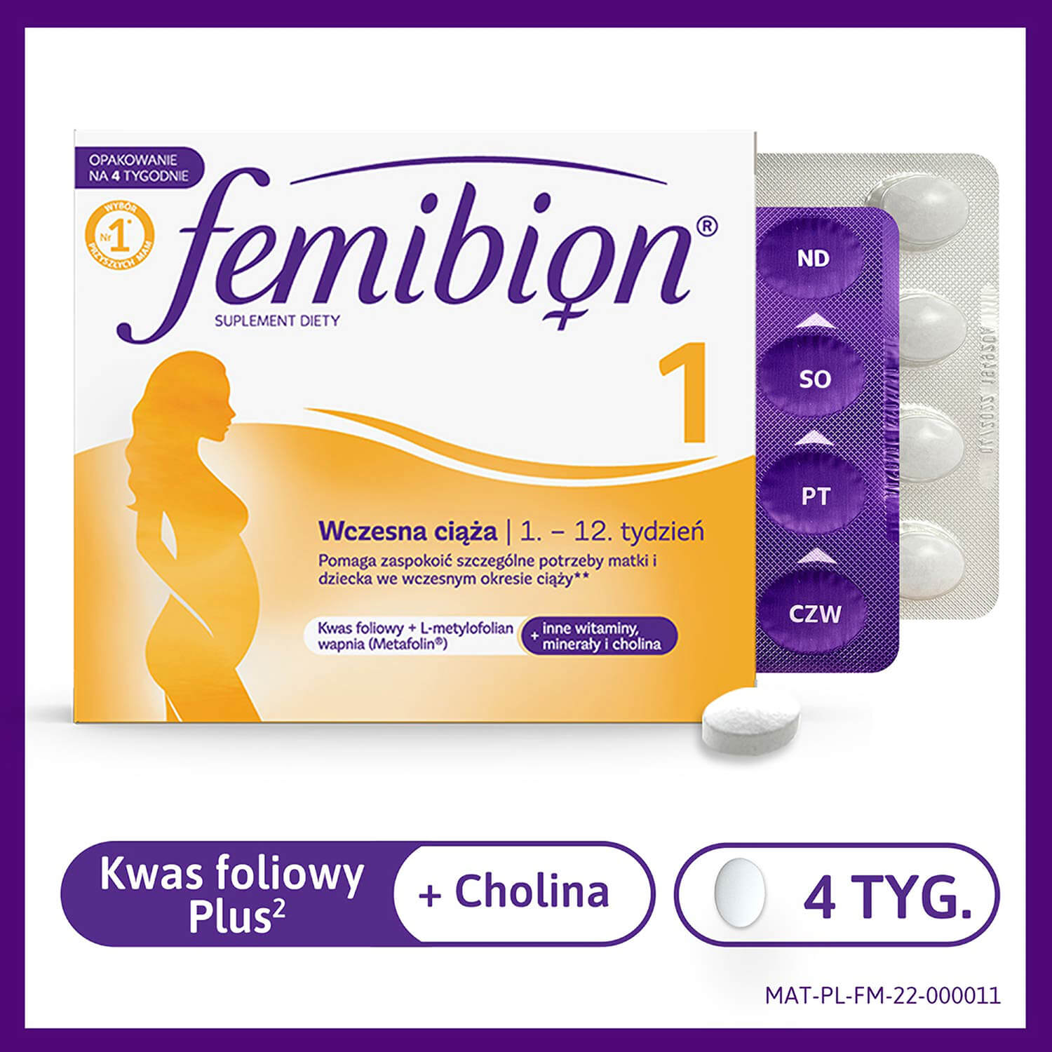 Femibion 1 Wczesna ciąża, tabletki uzupełniające dietę u kobiet od 1. tygodnia ciąży, 28 szt.