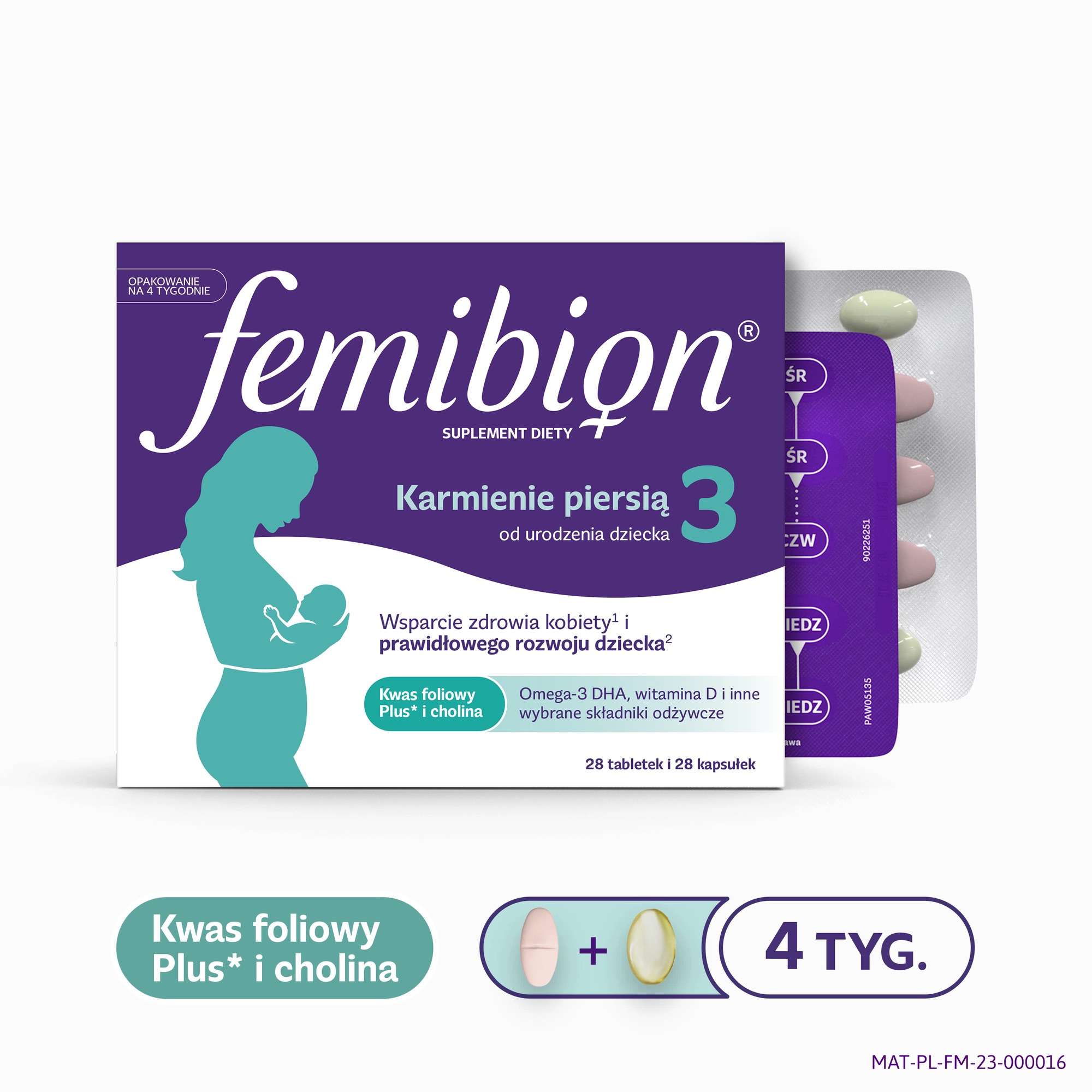 Femibion® 3 Karmienie Piersią, kwas foliowy plus, DHA, 28 tabletek i 28 kapsułek