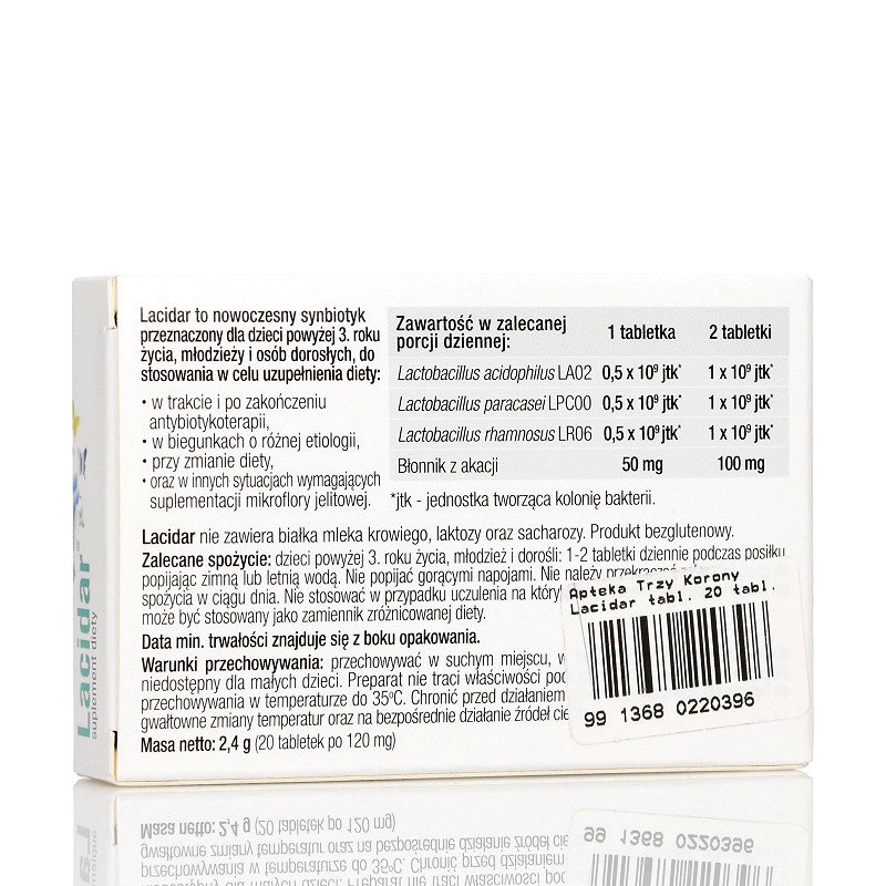 Lacidar, tabletki ze składnikami uzupełniającymi dietę w bakterie kwasu mlekowego przy antybiotykoterapii, 20 szt.