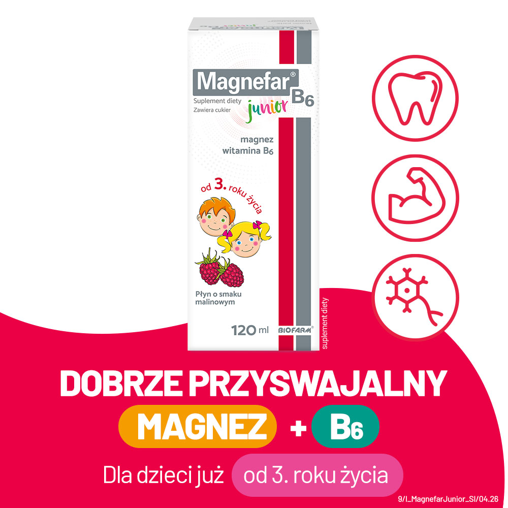 Magnefar B6 Junior, płyn ze składnikami poprawiającymi koncentrację dla dzieci, 120 ml