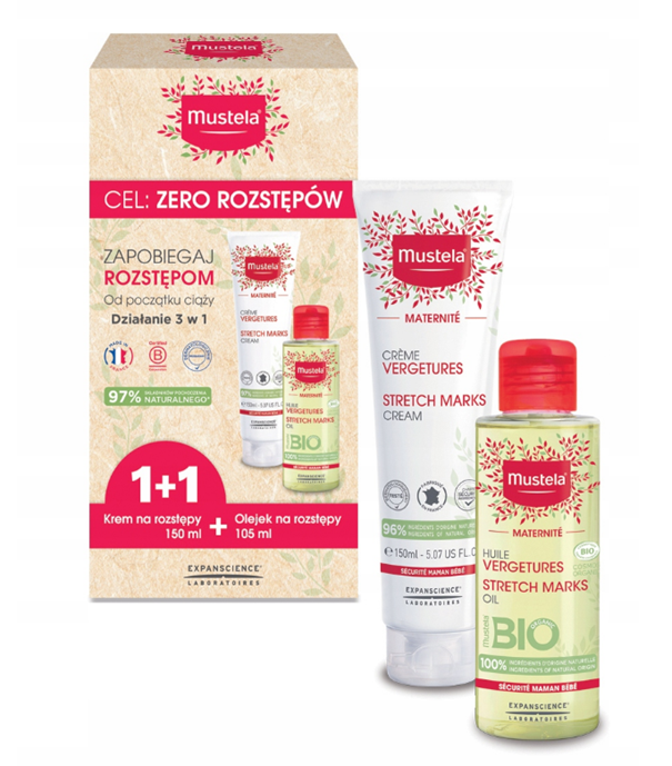Mustela Maternite, zestaw: krem na rozstępy, 150 ml + olejek na rozstępy, 105 ml