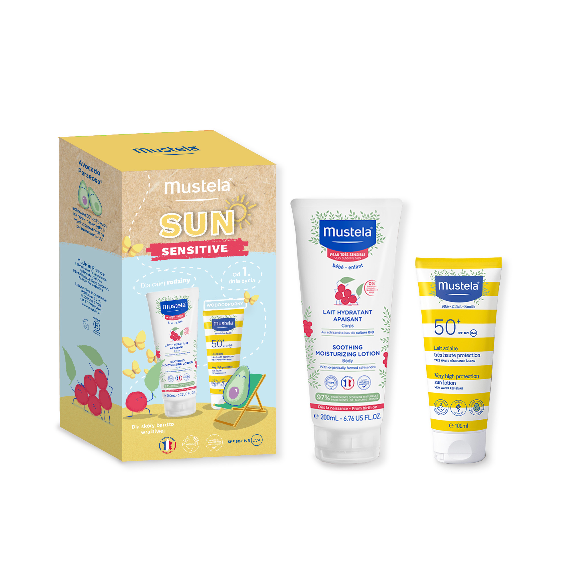 Mustela SUN SENSITIVE, zestaw łagodzące mleczko nawilżające 200ml + mleczko przeciwsłoneczne SPF50+ 100ml