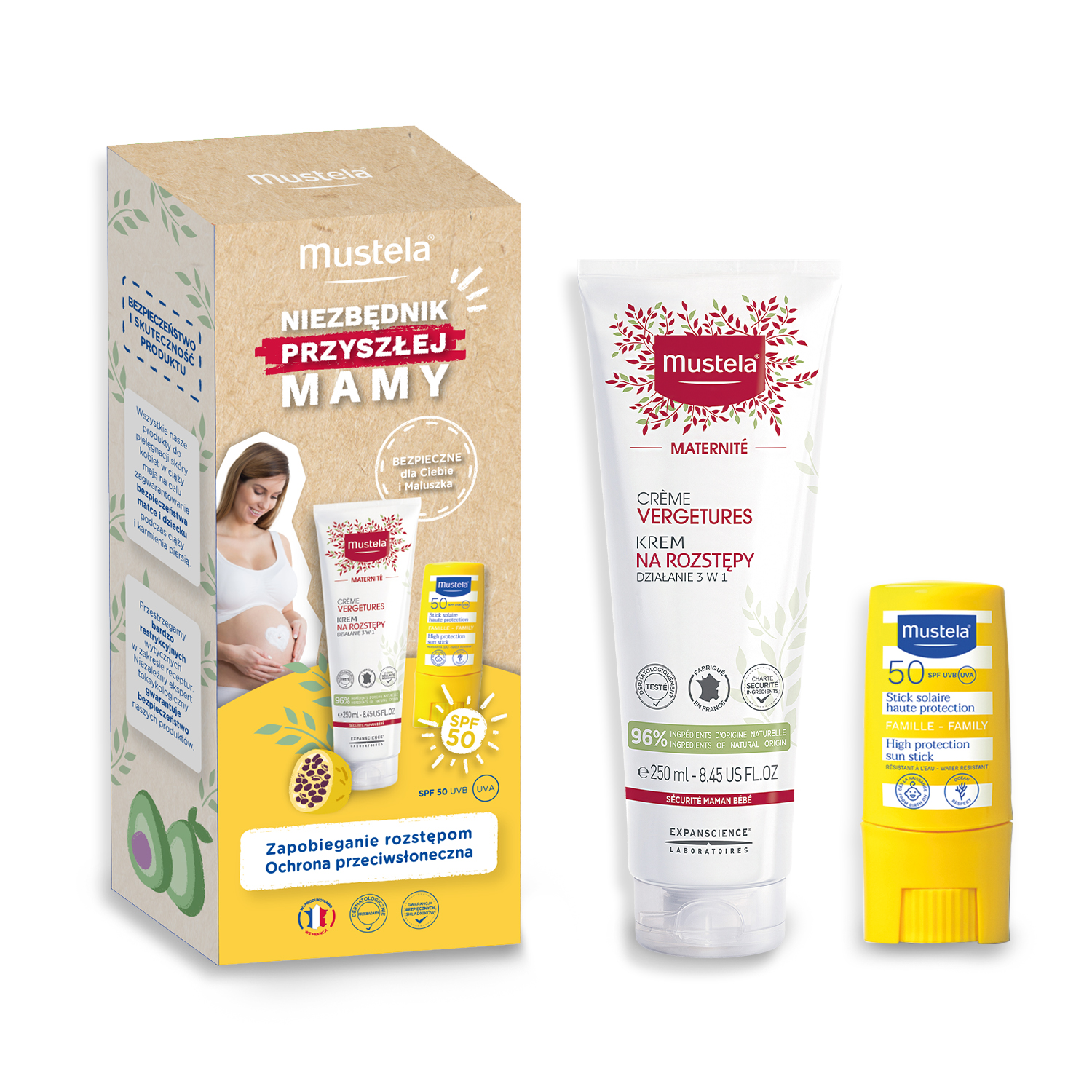 Mustela Niezbędnik Przyszłej Mamy , zestaw krem na rozstępy 250 ml + sztyft przeciwsłoneczny SPF50 9ml KRÓTKA DATA 01.06.2025