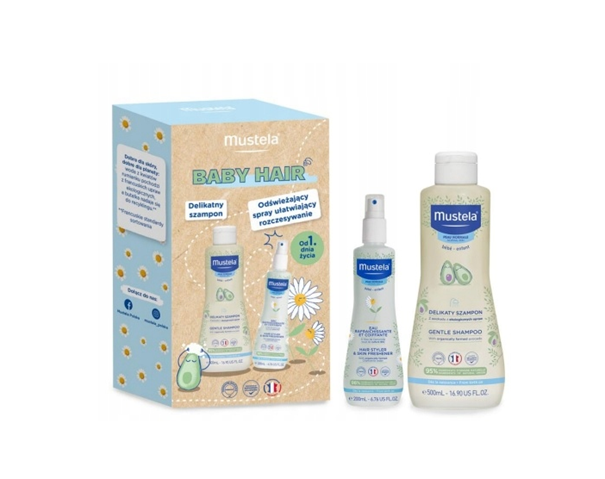 Mustela Baby Hair, zestaw: szampon do włosów, 500 ml + spray do włosów i ciała, 200 ml