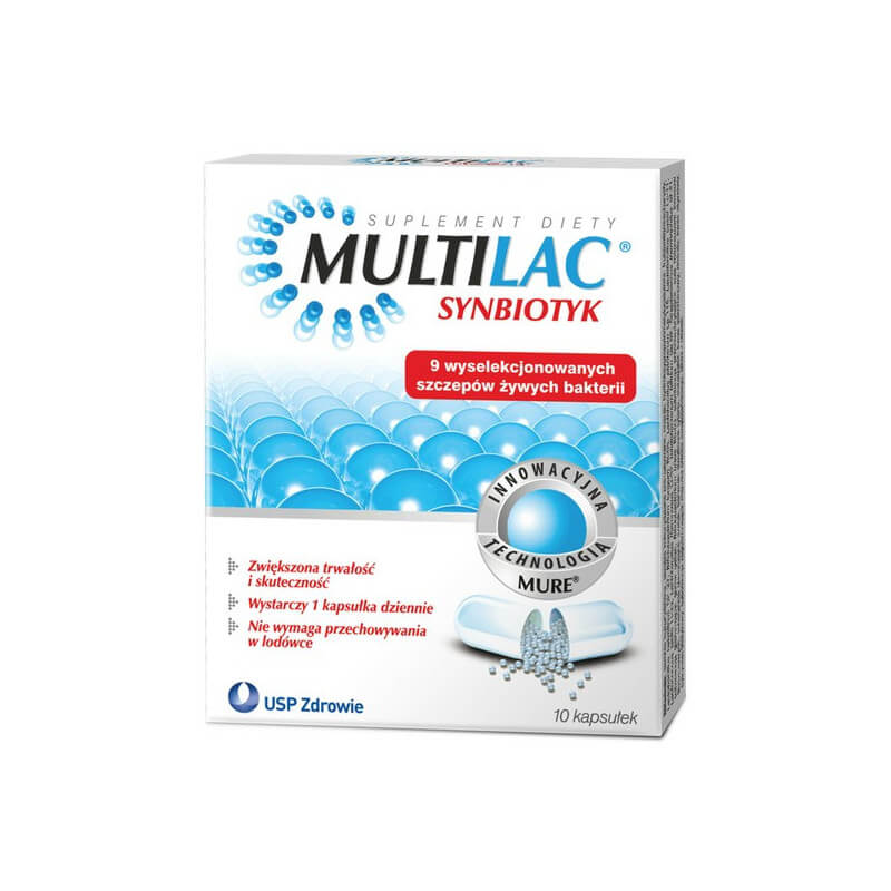 Multilac , kapsułki ze składnikami przywracającymi naturalną mikroflorę przewodu pokarmowego, 10 szt.