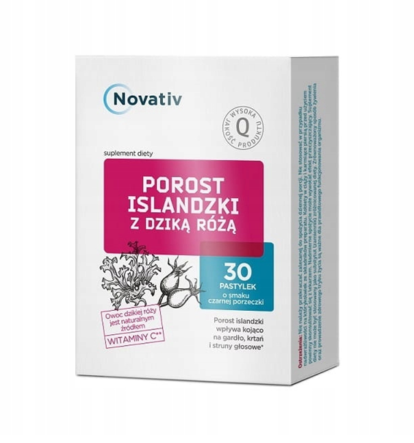 Novativ Porost Islandzki z dziką różą pastylki ze składnikami wpływającymi kojąco na gardło, krtań i struny głosowe, 30 szt.