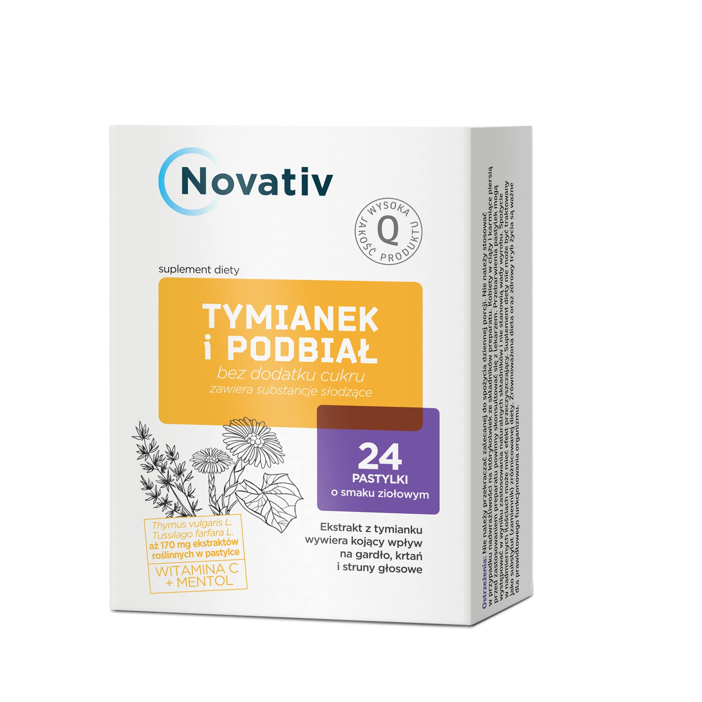 Novativ Tymianek i Podbiał, pastylki łagodzące ból i podrażnienie gardła, 24 szt.