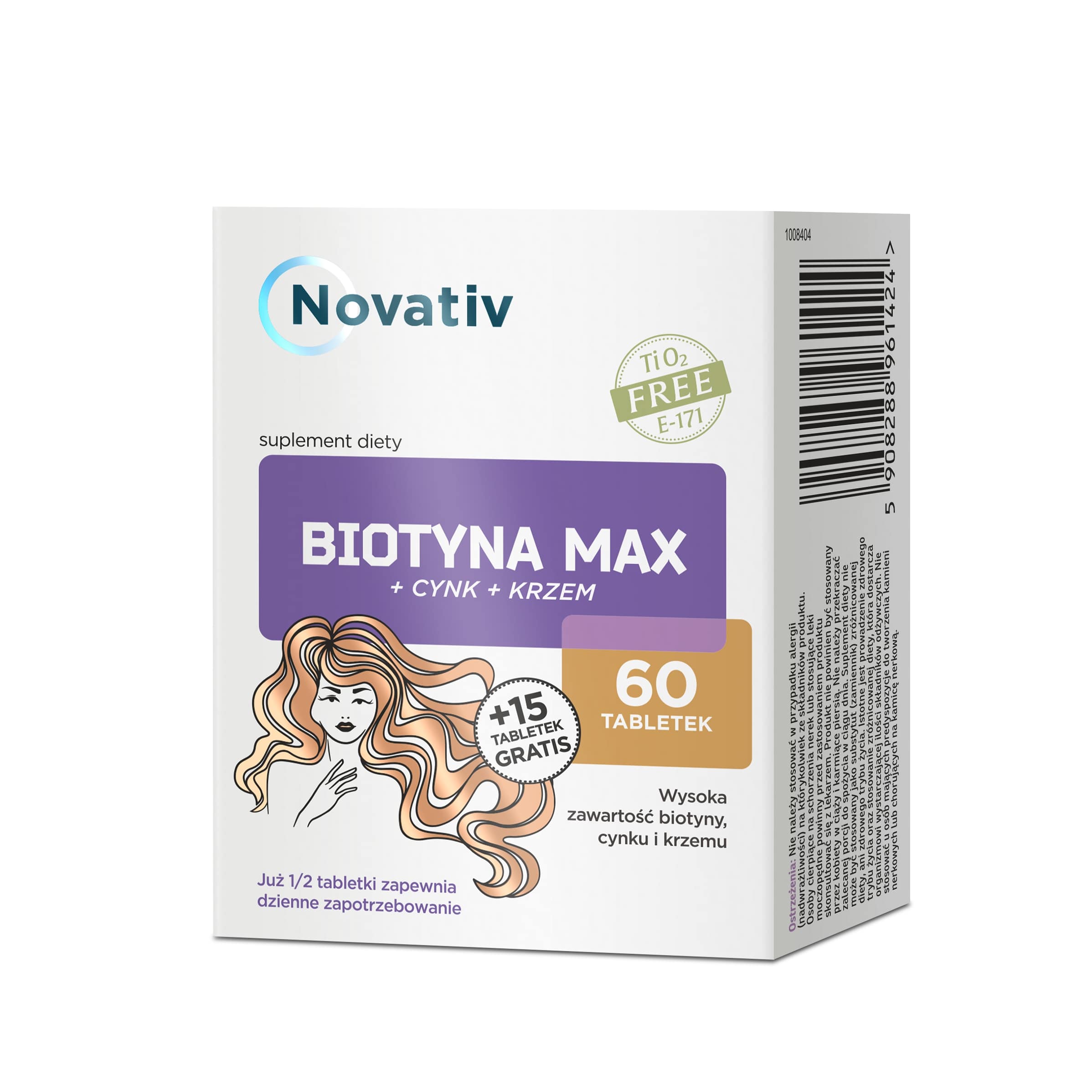Novativ Biotyna Max, tabletki z wysoką zawartością biotyny, cynku i krzemu, 60 szt.