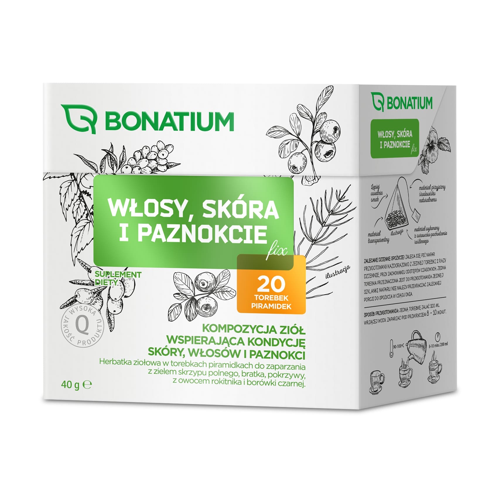 Bonatium Włosy, skóra i paznokcie, herbatka ziołowa ze składnikami wspomagającymi zdrowy wygląd skóry, włosów i paznokci, 20 szt. po 2 g