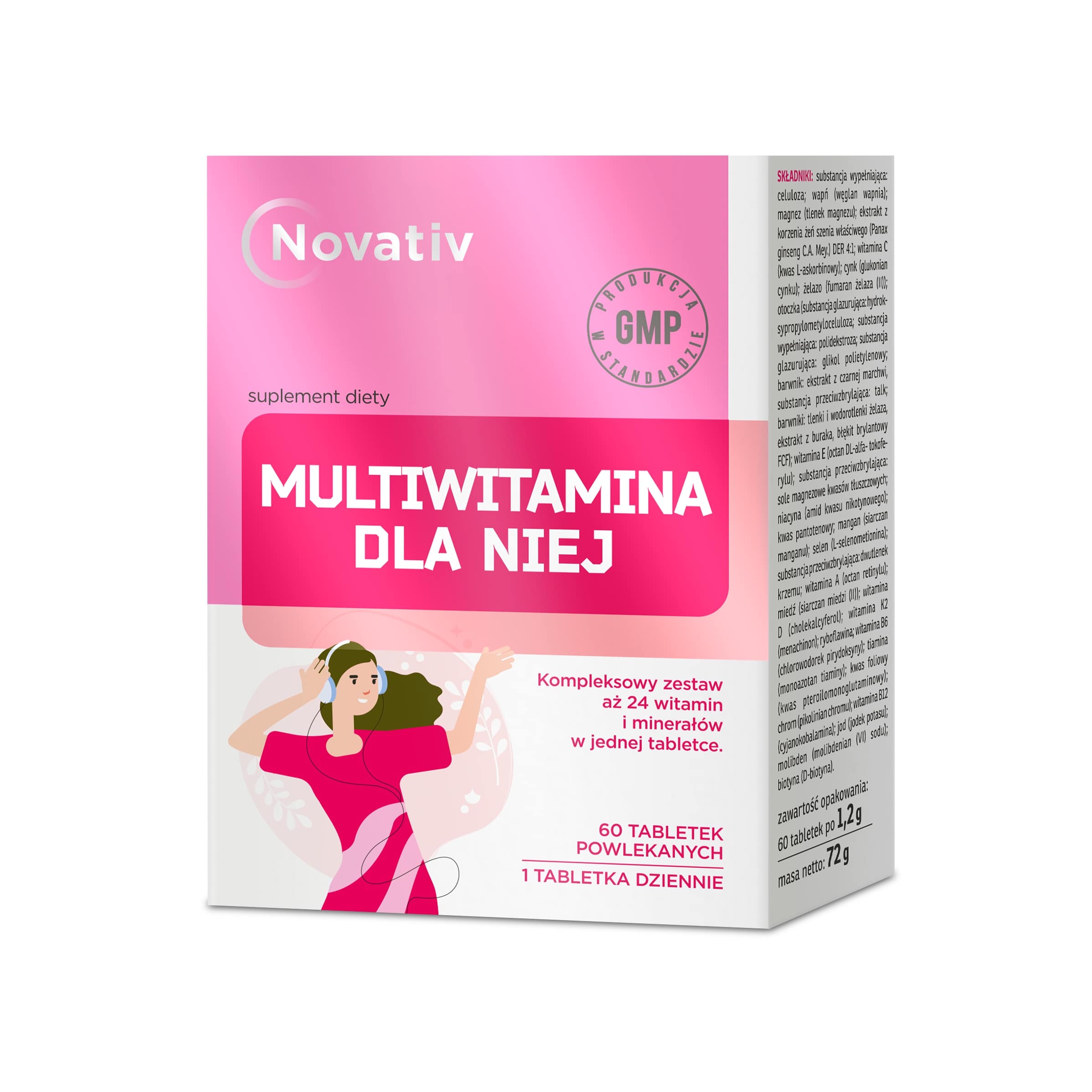 Novativ Multiwitamina Dla Niej, tabletki z kompleksowym zestawem 24 witamin i minerałów dla kobiet, 60 szt.