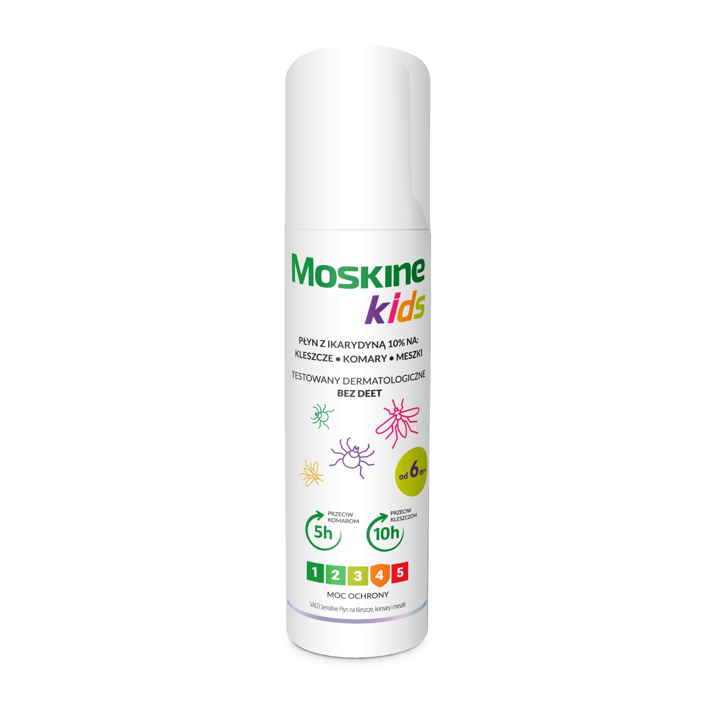 Moskine Kids, płyn na kleszcze, komary i meszki o mocy 4 dla dzieci od 6. miesiąca życia, 80 ml.