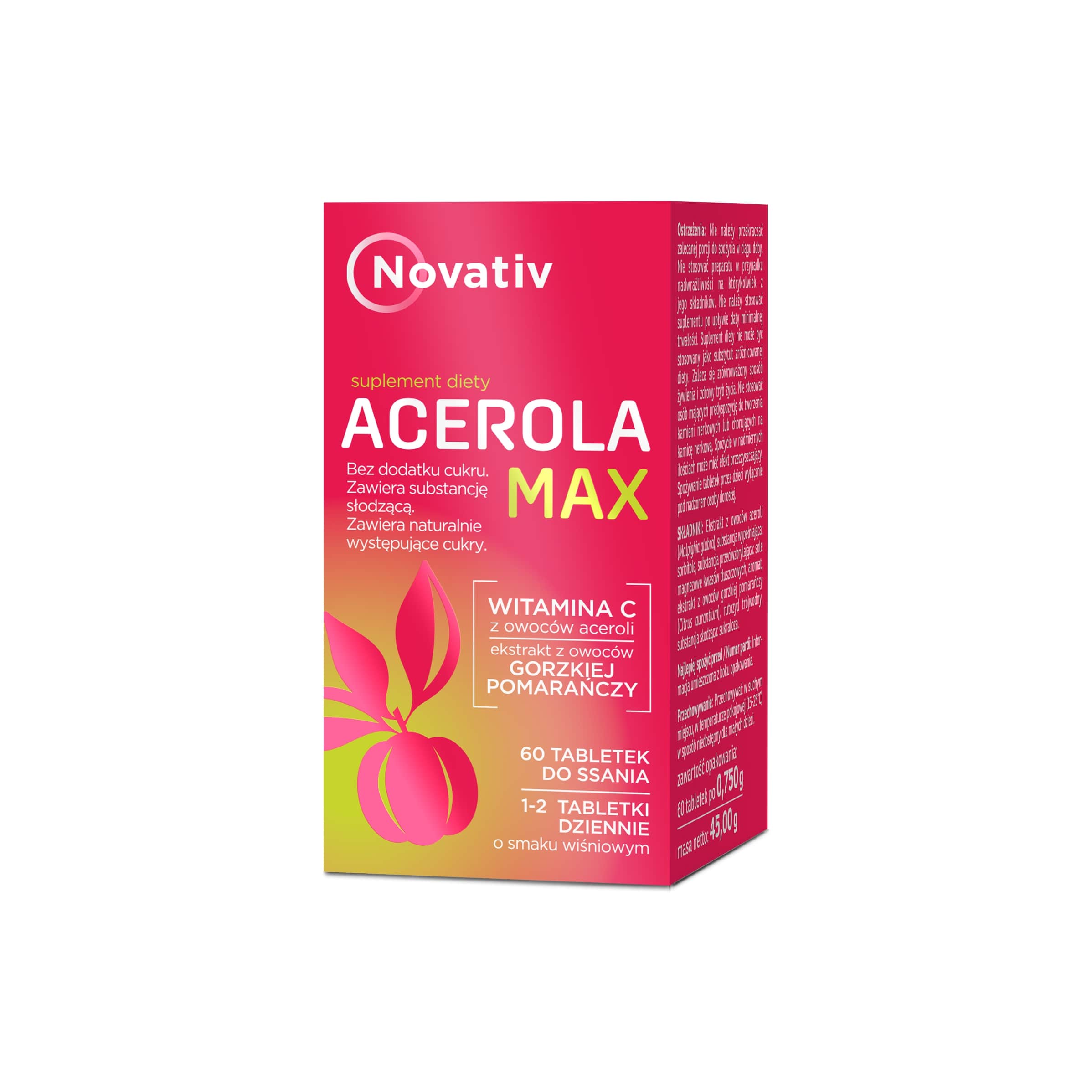Novativ Acerola Max, tabletki do ssania ze składnikami wspomagającymi funkcjonowanie układu odpornościowego, 60 szt.