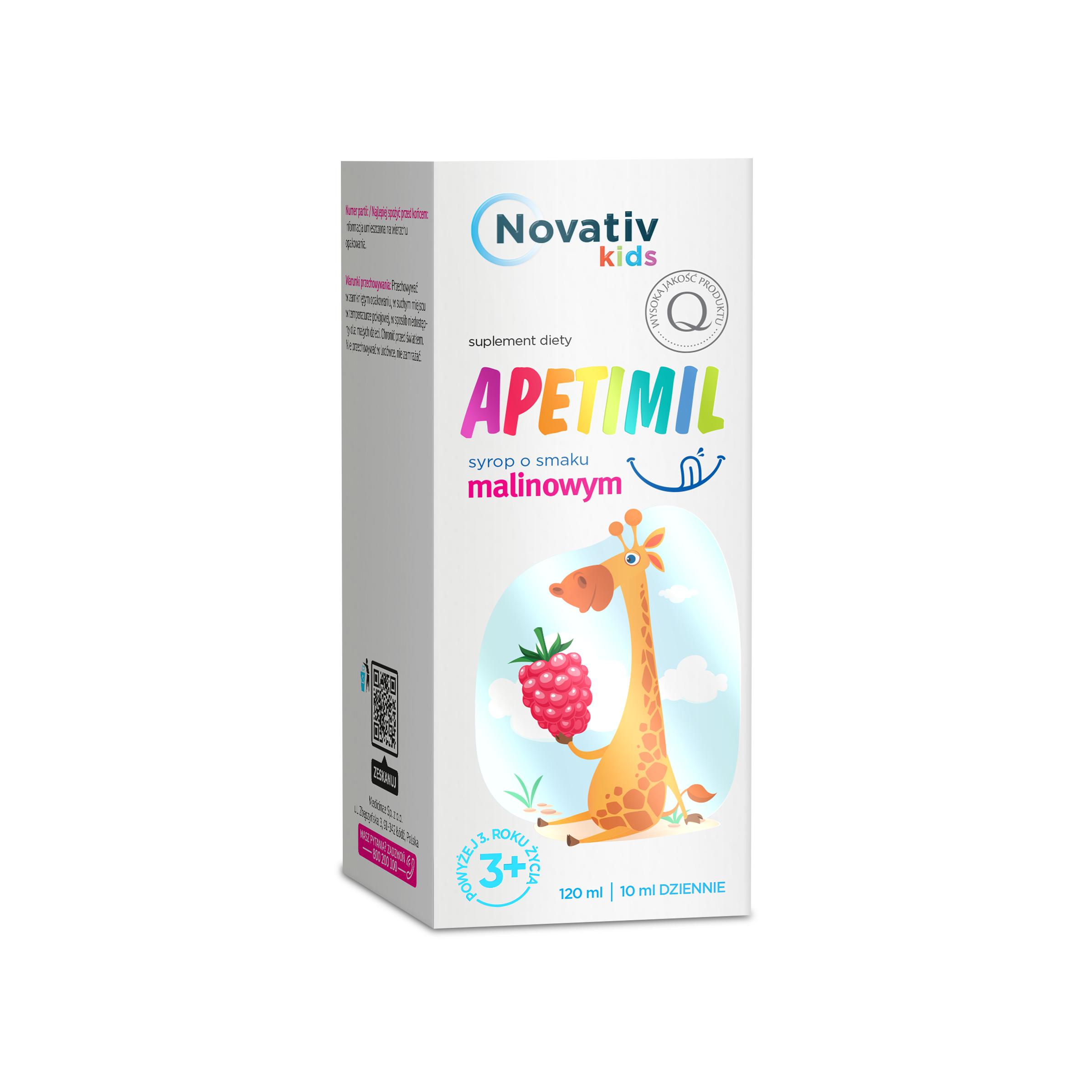 Novativ Kids Apetimil, syrop ze składnikami wspierającymi apetyt u dzieci o smaku malinowym, 120 ml