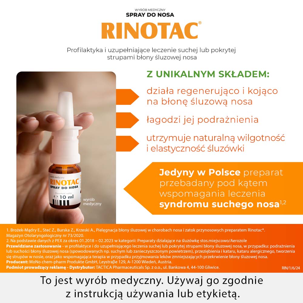 RINOTAC, spray do nosa, nawilżenie i regeneracja błony śluzowej nosa, 10 ml
