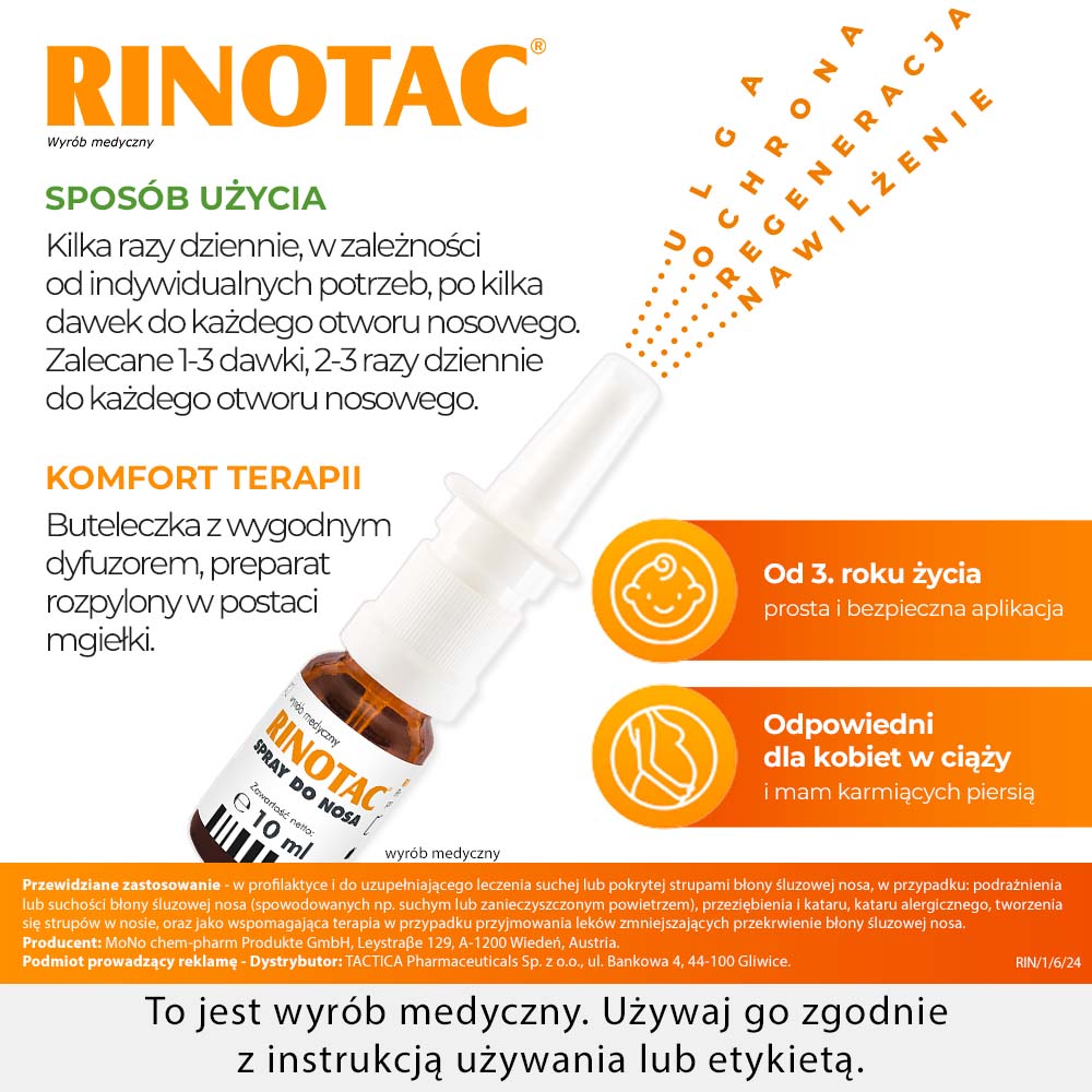 RINOTAC, spray do nosa, nawilżenie i regeneracja błony śluzowej nosa, 10 ml