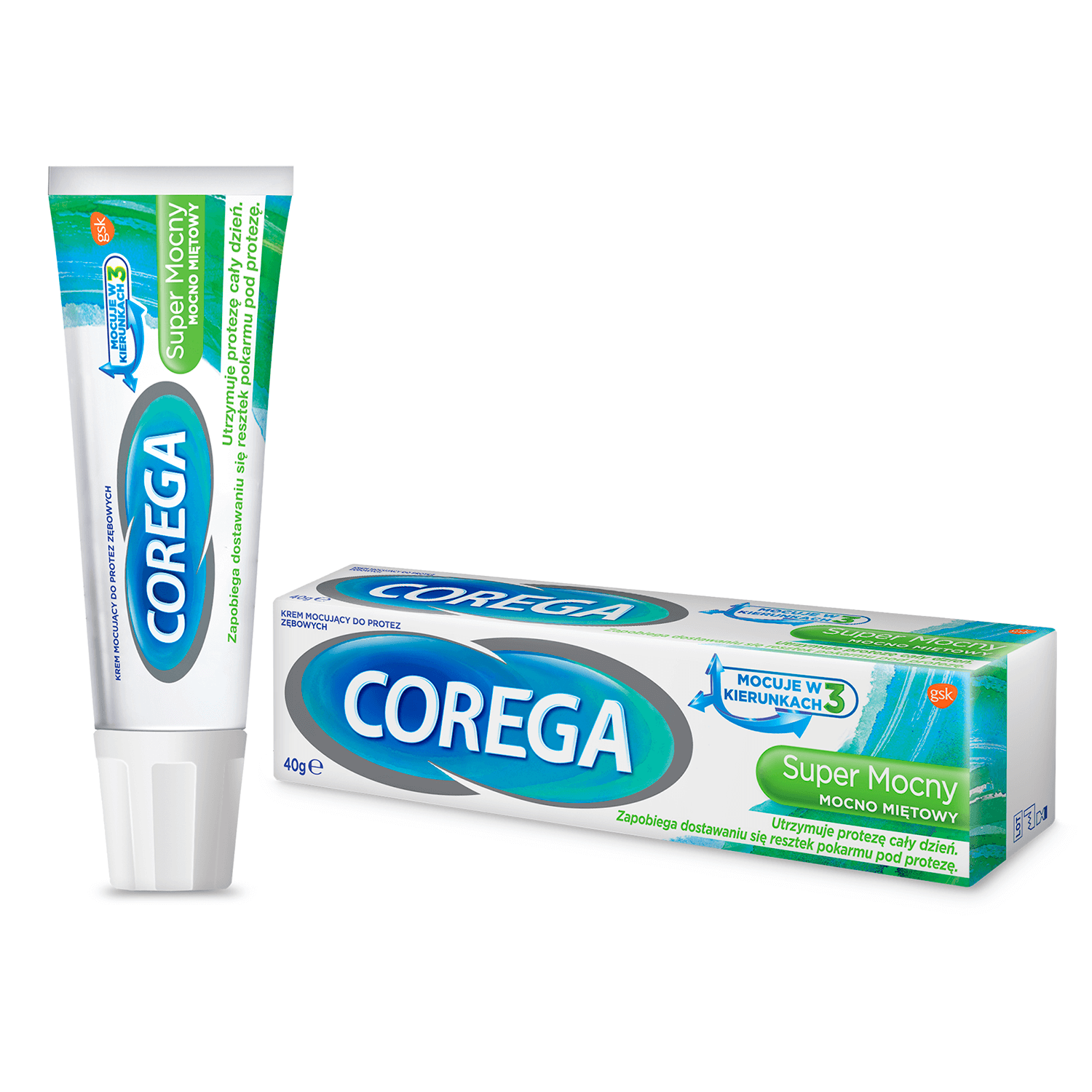 Corega Super Mocny delikatnie miętowy, krem do mocowania protez zębowych, 40g