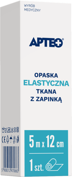 Opaska elastyczna tkana z zapinką APTEO, podtrzymującą opatrunki, uciskowa lub usztywniająca, 5 m x 12 cm, 1 szt.
