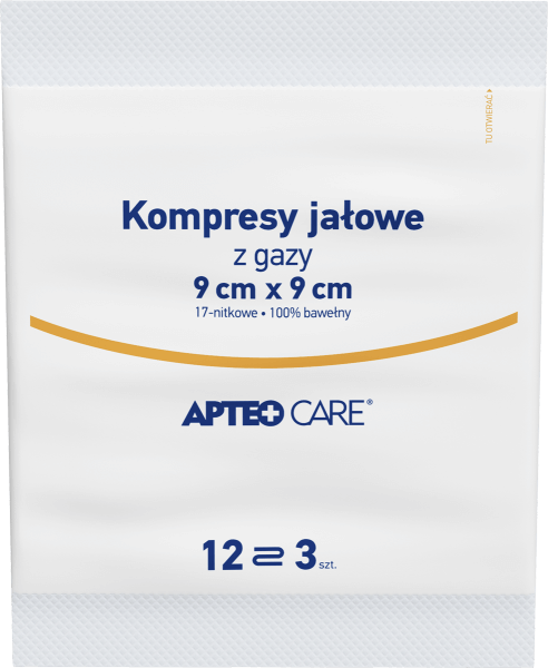Kompresy jałowe APTEO, do bezpośredniego opatrywania zranionej skóry, 9 x 9 cm, 3 szt.