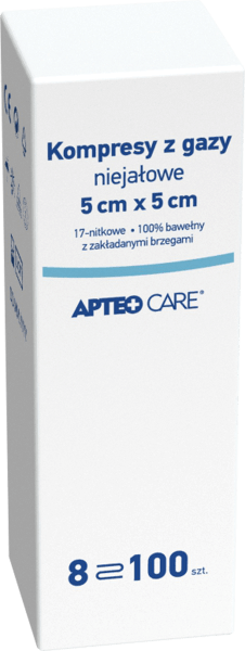Kompresy niejałowe z gazy APTEO do bezpośredniego opatrywania zranionej skóry, 5 x 5 cm, 100 szt.
