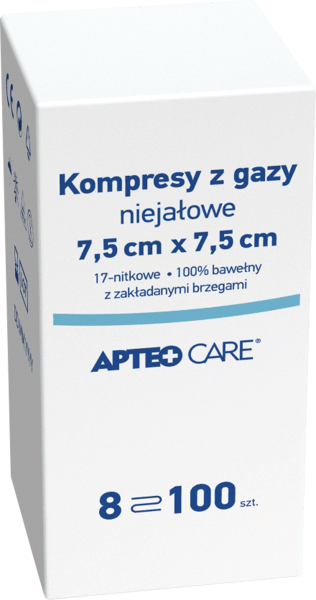 Kompresy niejałowe z gazy APTEO kompresy do bezpośredniego opatrywania zranionej skóry, 7,5 x 7,5 cm, 100 szt.
