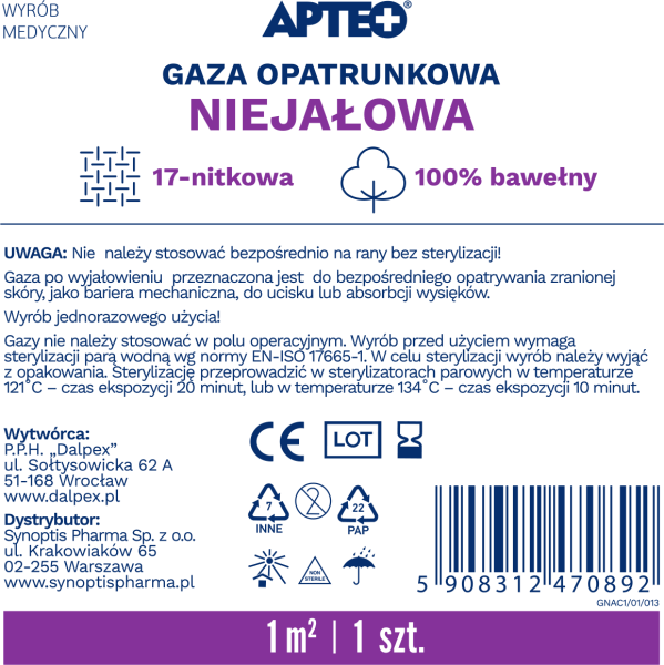 Gaza niejałowa APTEO 17-nitkowa, 1 m2, 1 szt.