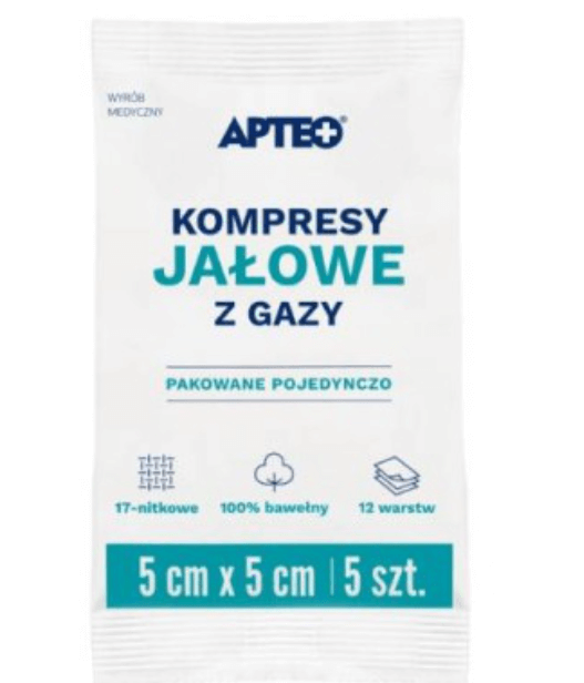 Kompresy gazowe APTEO, jalłowe, 5 cm x 5 cm, 5 szt.