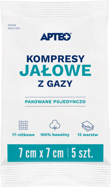 Kompresy jałowe APTEO do bezpośredniego opatrywania zranionej skóry, 7 x 7 cm, 5 szt.