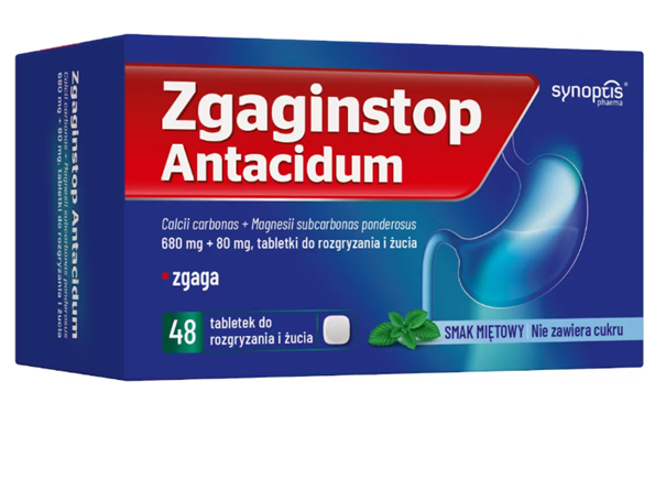 Zgaginstop Antacidum 680 mg + 80 mg 48 tabletek do rozgryzania i żucia, mięta