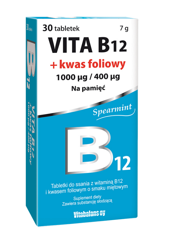 Vita B12 1000 mcg + Kwas foliowy 400 mcg, 30 tabletek do ssania, miętowe