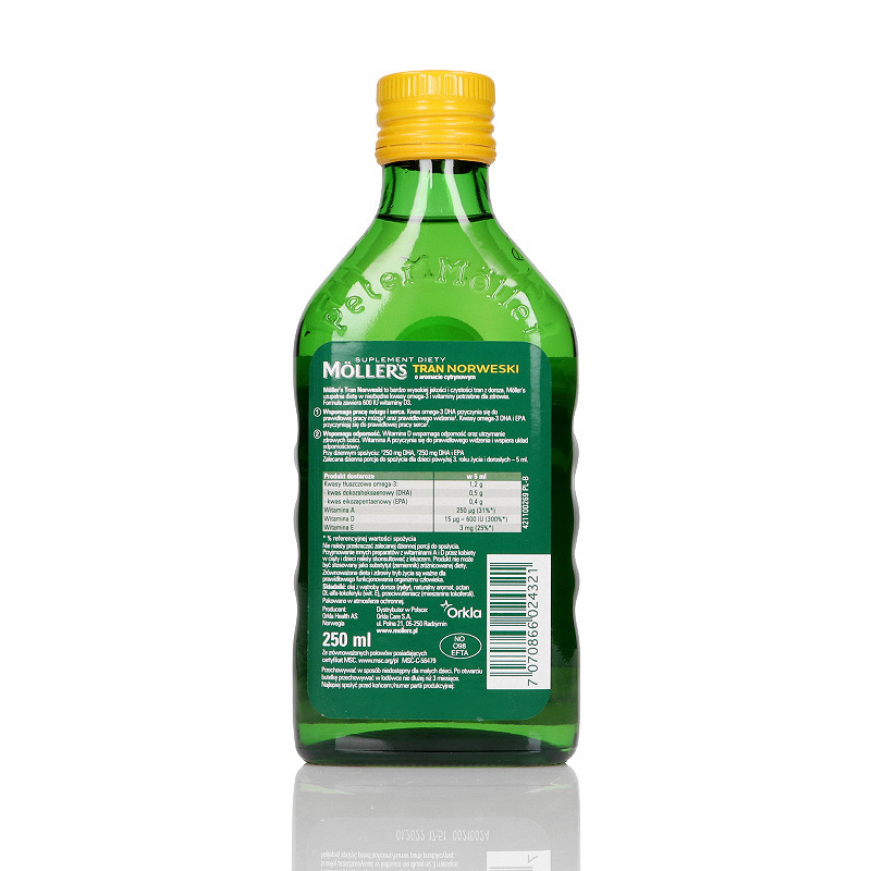 Mollers Tran Norweski, płyn z kwasami omega-3 o aromacie cytrynowym, 250 ml