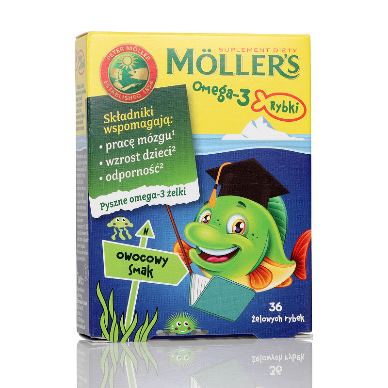 Mollers Omega-3 Rybki, żelki ze składnikami wspomagającymi pracę mózgu i rozwój dziecka, smak owocowy, 36 szt.