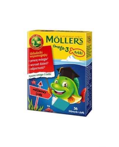 Mollers Omega-3 Rybki , żelki ze składnikami wspomagającymi pracę mózgu i rozwój dziecka o smaku malinowym, 36 szt.