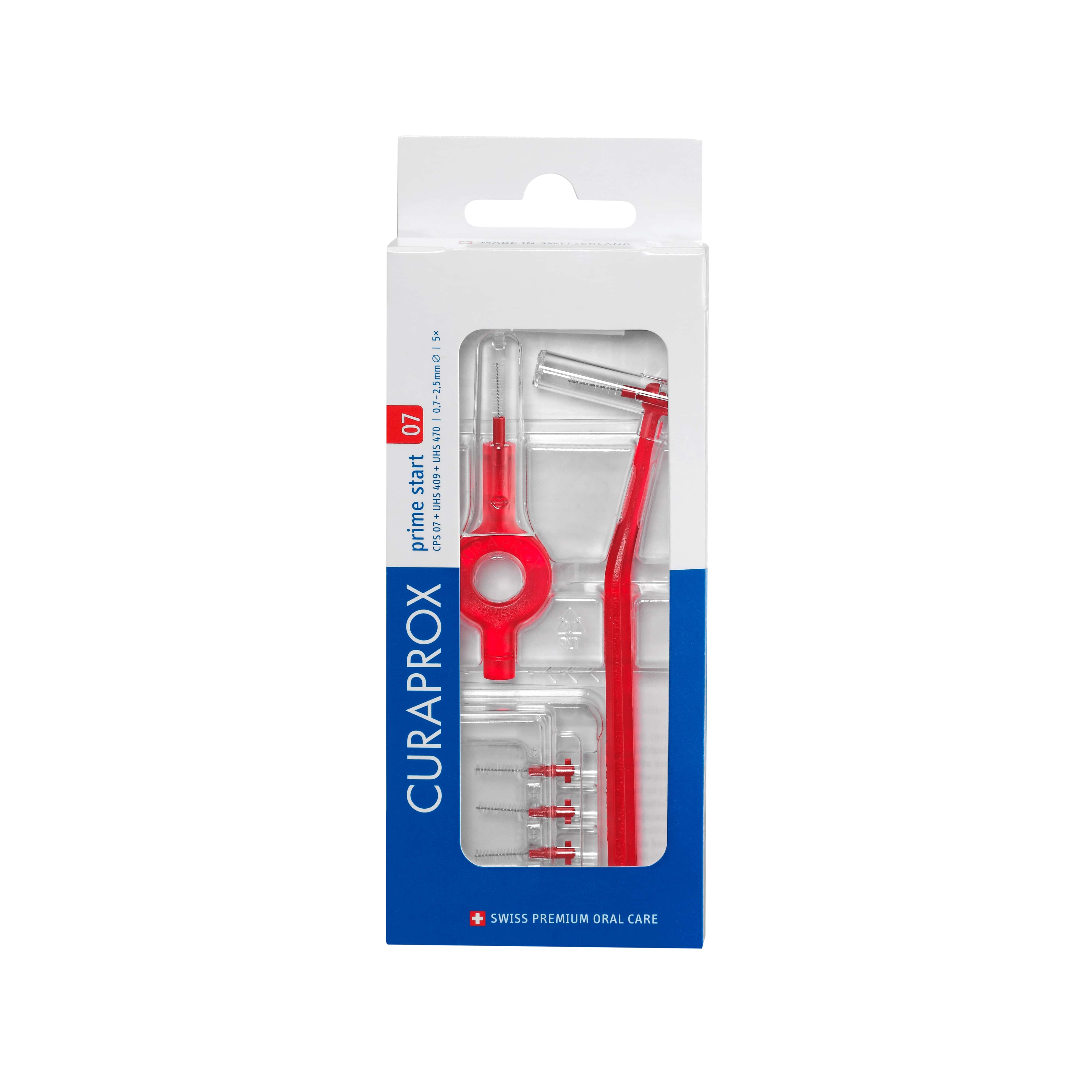 Curaprox CPS 07 Prime Start, zestaw: szczoteczki do czyszczenia przestrzeni międzyzębowych – 5 szt. + uchwyt UHS 409 – 1 szt. + uchwyt UHS 470 – 1 szt.