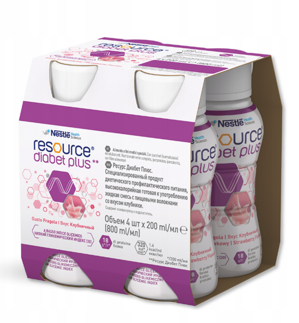 Resource Diabet Plus, truskawkowy, 4 x 200 ml