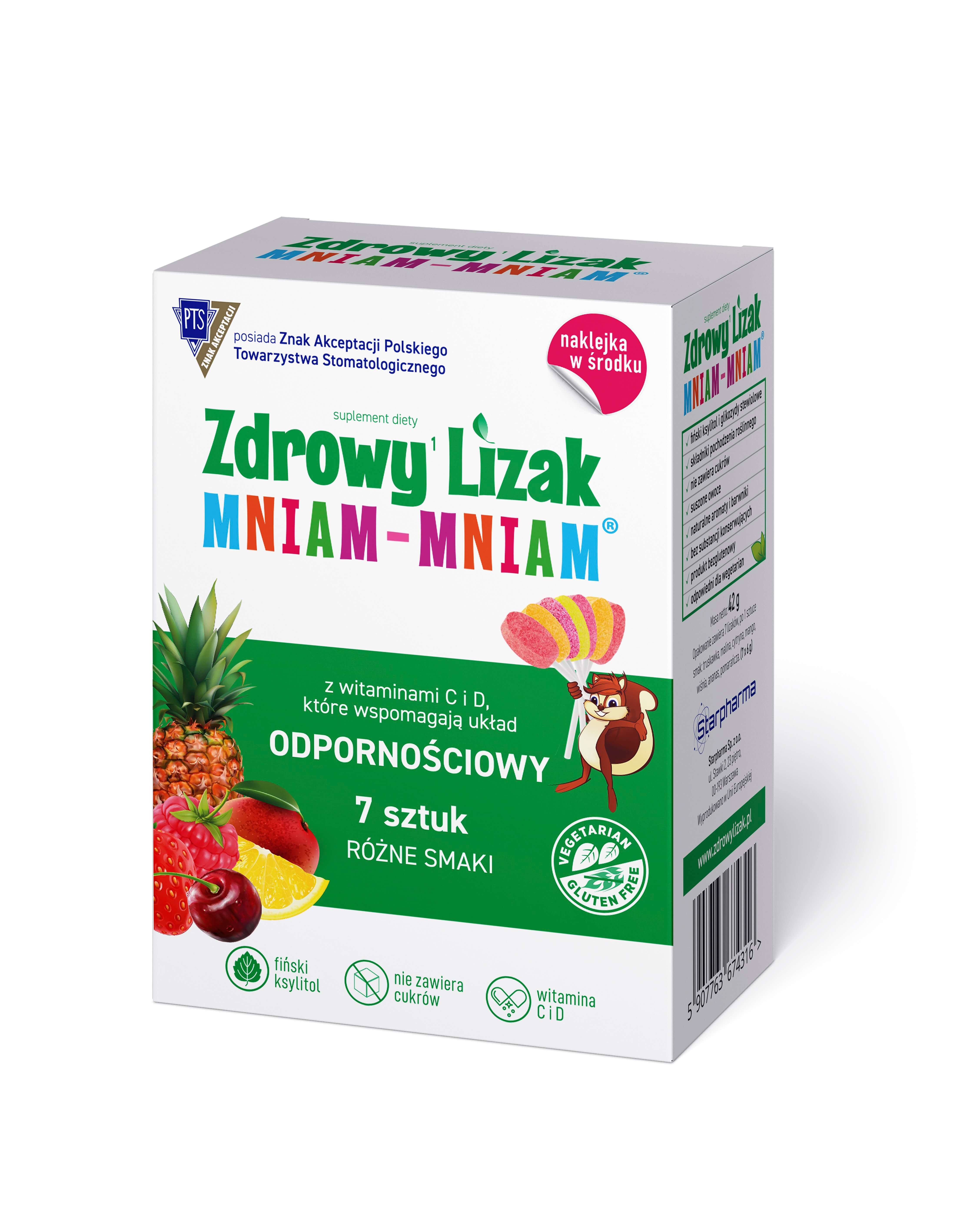 Zdrowy Lizak Mniam-Mniam, wzbogacony o witaminę C i D o różnych smakach, 7 sztuk
