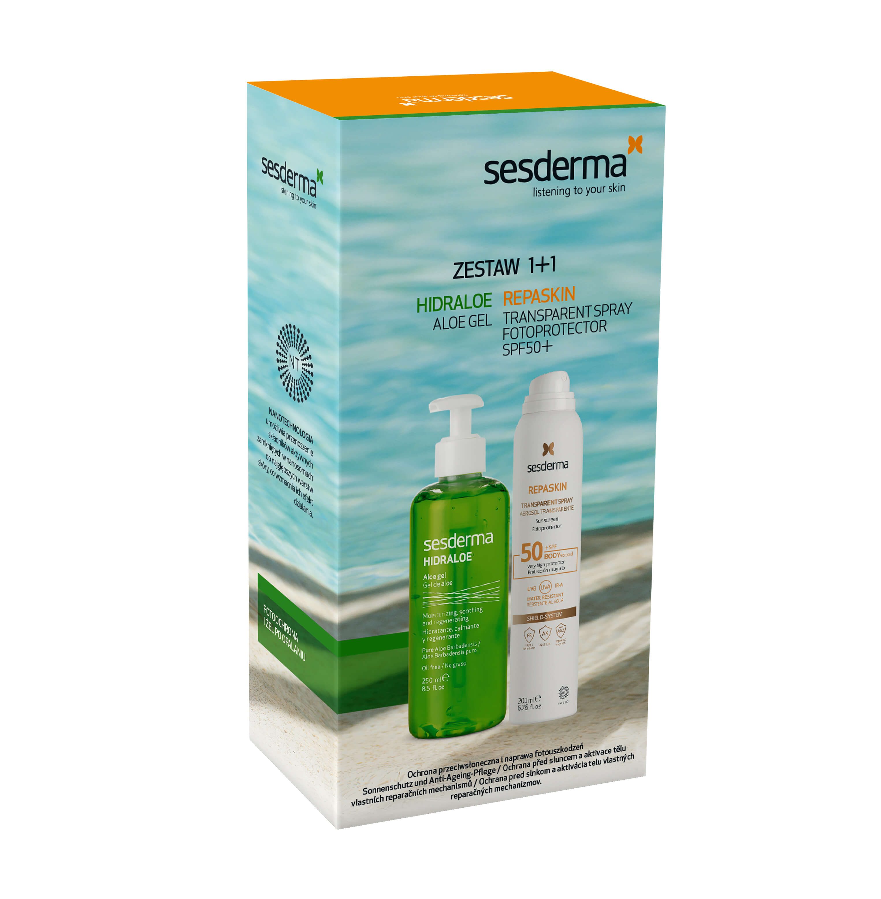 SESDERMA Zestaw, Hidraloe Żel aloesowy, 250ml + Repaskin fotoprotector spray spf50, 200ml