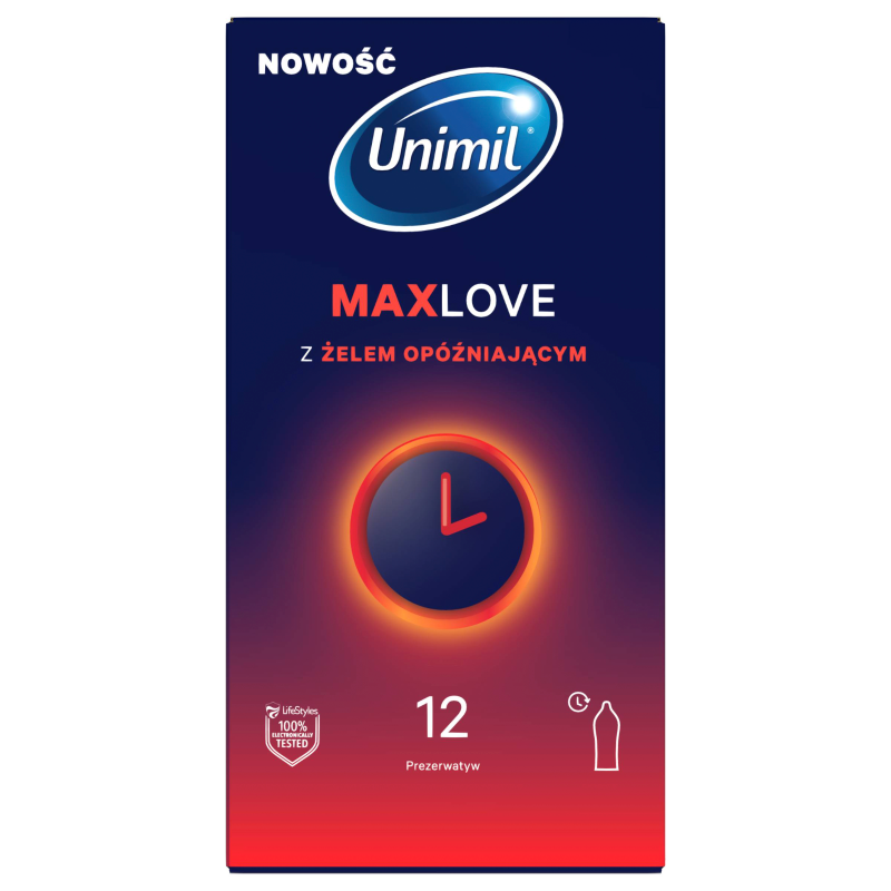 Unimil Max Love, prezerwatywy z żelem opóźniającym, 12 szt.