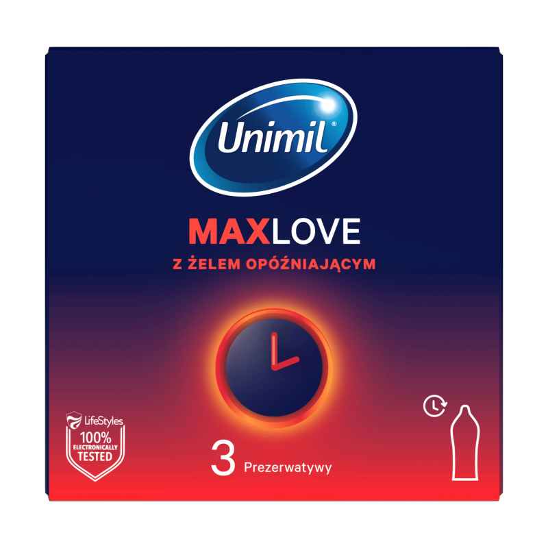 Unimil MaxLove, prezerwatywy z żelem opóźniającym, 3 szt.