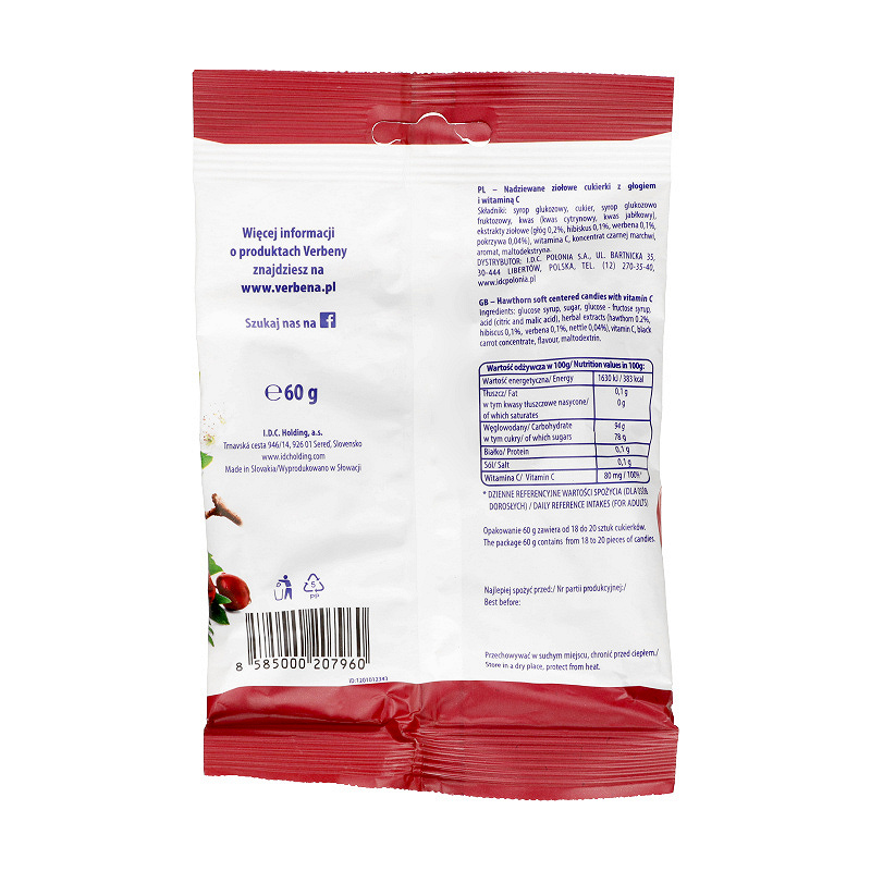 Cukierki Verbena Ziołowe z Głogiem, wspomagające w dolegliwościach związanych z sercem i naczyniami krwionośnymi, 60 g