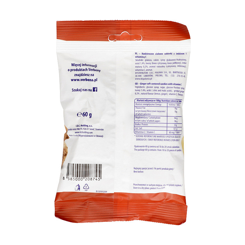 Cukierki Verbena Imbir, rozgrzewające i poprawiające krążenie, 60 g