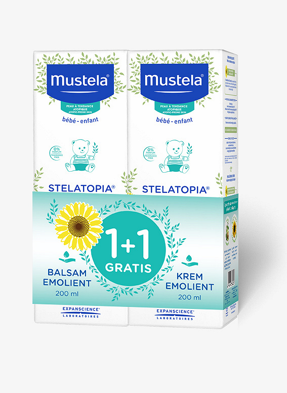 Mustela STELATOPIA, zestaw balsam emolient 200 ml + krem emolient 200 ml