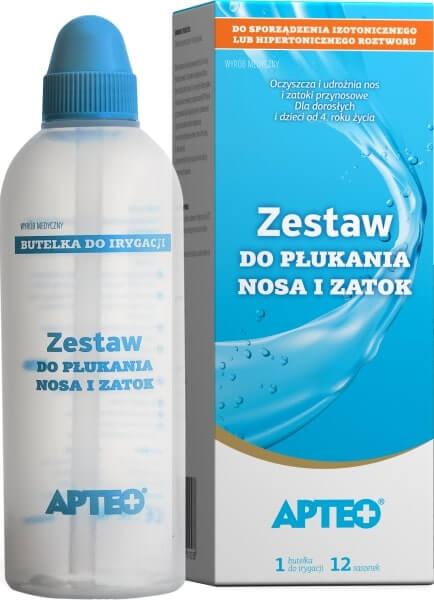 Zestaw do płukania nosa i zatok APTEO, do irygacji w celu oczyszczania, udrażniania, butelka + 12 sasz.