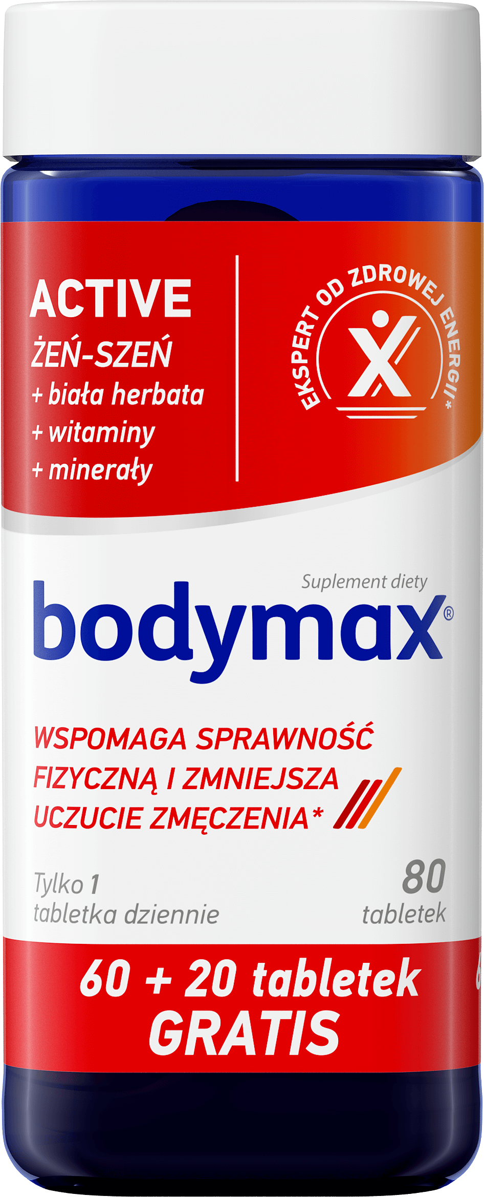 Bodymax Active , tabletki ze składnikami wspomagającymi sprawność fizyczną, 60 + 20 szt. GRATIS