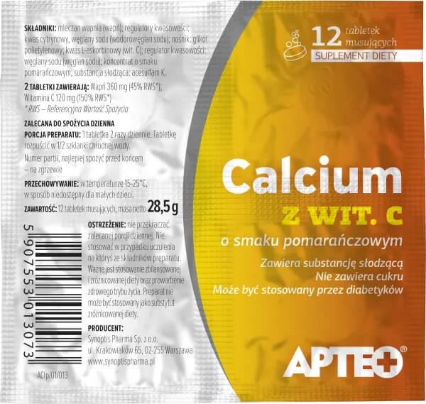 Calcium z wit. C APTEO, tabletki musujące o smaku pomarańczowym, 12 szt.